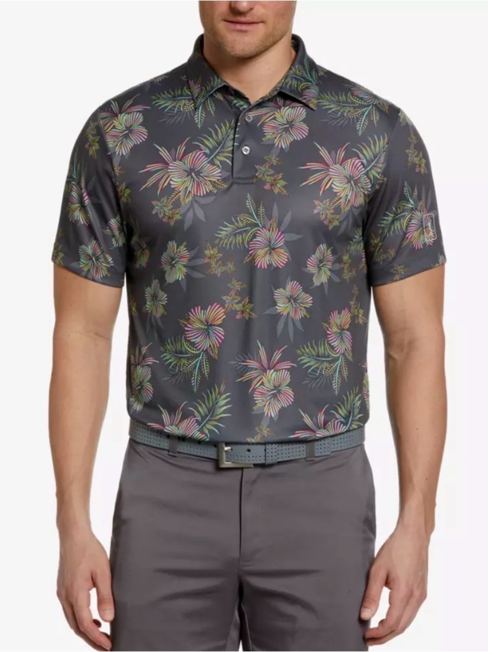 PGA Tour Pro Series Hibiscus Roadmap Print Men's Short Sleeve Golf Polo Shirt